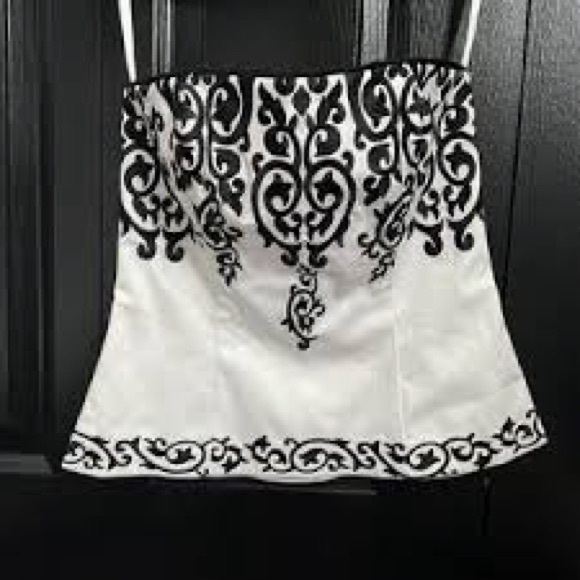 White House Black Market Tops - Strapless White Top with Black Scroll Embroidery